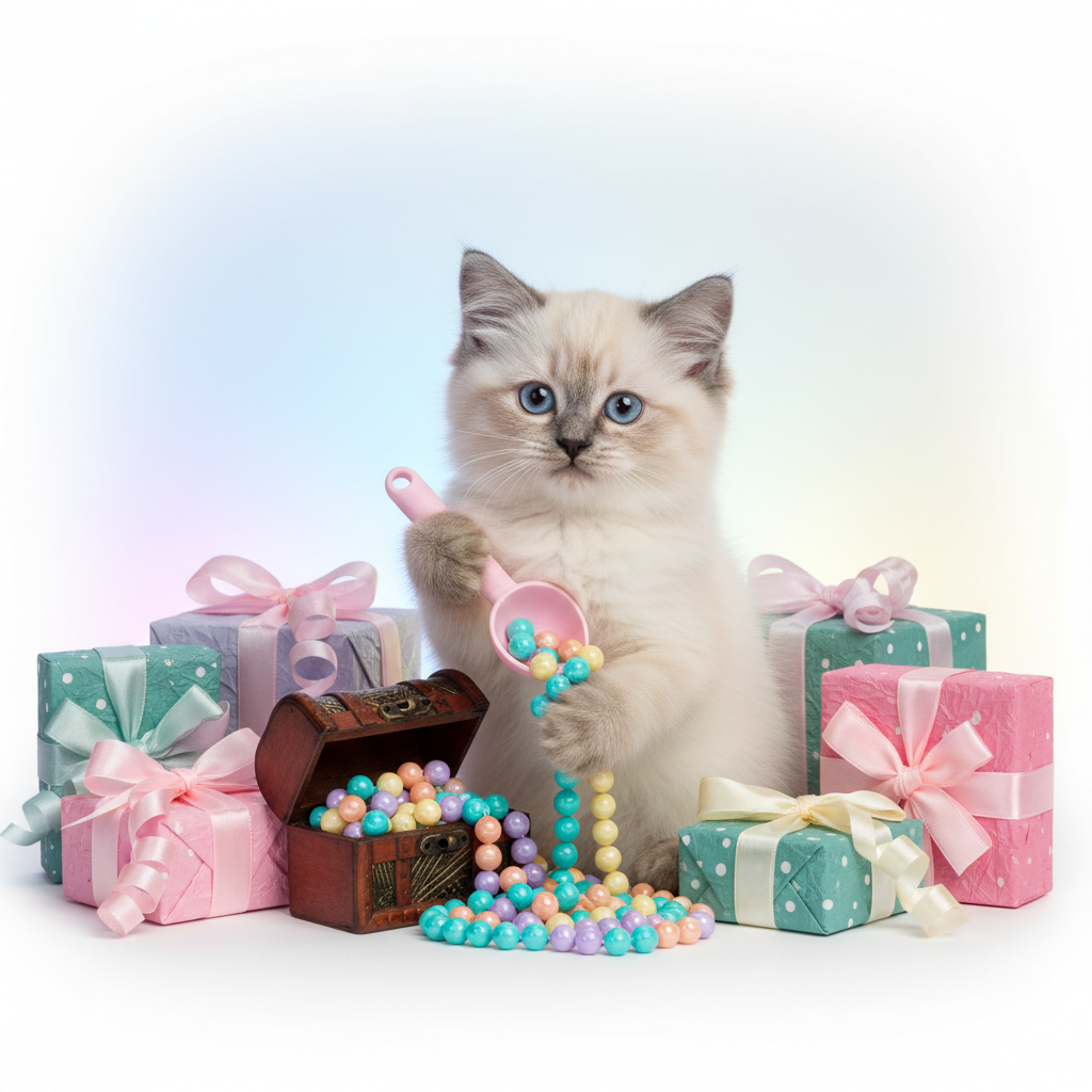 Kitty cat scooping pastel beads with wrapped gift boxes