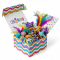 Colorful Kitty Scoop box overflowing with bright cat toys