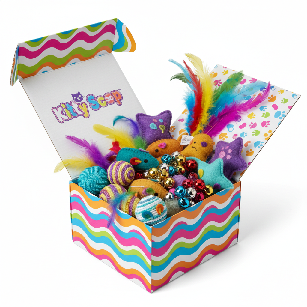 Colorful Kitty Scoop box overflowing with bright cat toys
